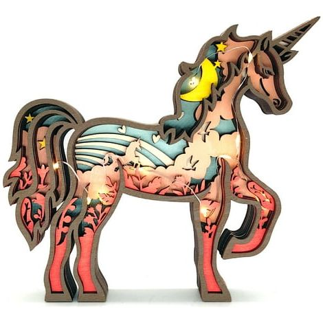 Licorne lumineuse en bois sculpté multicouche, artisanat décoratif animalier, figurine illuminée pour maison, bureau et étagère, décoration murale ou de table, pièce unique (1/4)