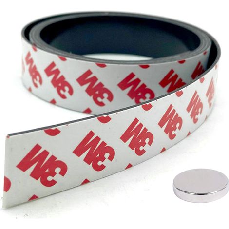 Magnetband mit 3M-Selbstklebekleber, Abmessungen: 100 cm / 25 mm / 1,5 mm + Neodym-Magnet 10 mm x 2 mm
