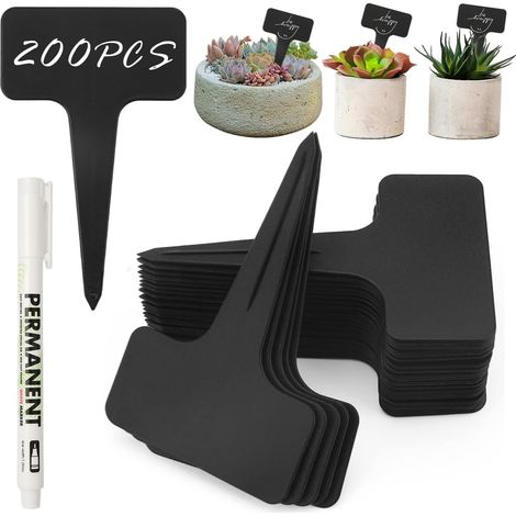 Pack of 200 Waterproof Garden Labels, 10 x 6 cm for Plants Plastic Plant Labels with 1 Marker, Reusable Black Labels for Outdoors, Flowers, Gardens, Vegetable Gardens (1/5)