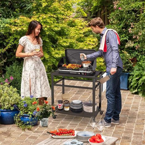 Carrito para parrilla de exterior con dos estantes 4 ruedas bloqueables y asa lateral color negro