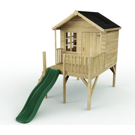 5ft x 5ft Wooden Garden Playhouse on Deck with 6ft Slide - Pheasant Green