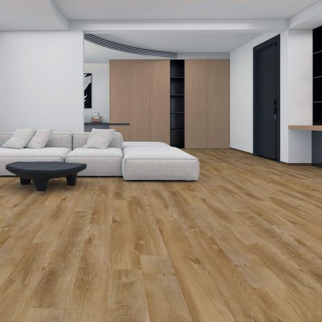 Revêtement de sol en vinyle clipsable SPC Tarin lame effet parquet aspect chêne structuré brun chaud avec sous-couche acoustique intégrée Pack de 10 lames (2,208 m²) (1/5)