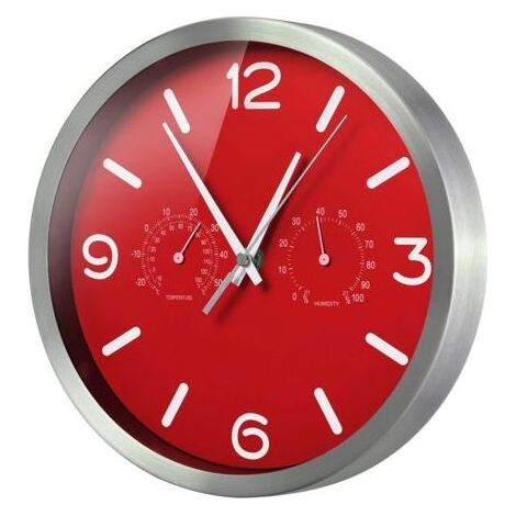 MyTime ND Thermo-Hygro Geräuschlose, funkgesteuerte Wanduhr mit Edelstahlrahmen und Temperatur- und Feuchtigkeitsanzeige, Rot (1/5)
