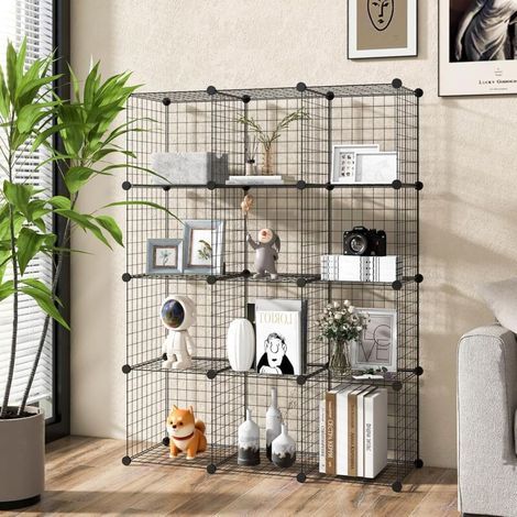 12-teiliges DIY-Metallgitter-Würfelregal, modularer, stapelbarer Aufbewahrungsschrank, großes Fassungsvermögen, Aufbewahrungseinheit für Schlafzimmer, Büro, Garage, Schwarz (1/5)