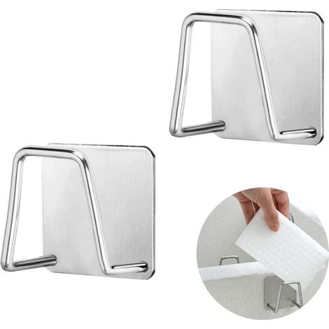 2 soportes adhesivos para esponjas, no requieren perforación, soporte para esponjas de fregadero de cocina de acero inoxidable 304, ganchos de pared autoadhesivos para cocina - Plateado (1/5)