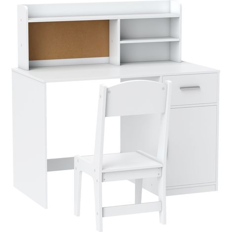 Set Scrivania e Sedia per Bambini con Scaffali Armadietto Cassetto in MDF Bianco