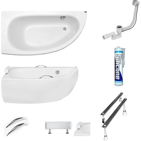 ECOLAM Baignoire d'angle Milena PREMIUM acrylique blanc 150x70 cm gauche + tablier en acrylique + 2x poignées + Appui-tête blanc + bonde vidange et trop-plein automatique, pieds silicone (1/5)