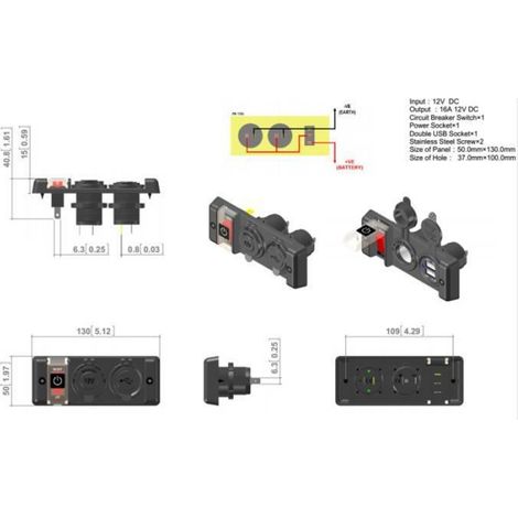 Panneau de commutation USB double allume-cigare - - étanche 12V - 3,1A - Universel - Noir/Rouge (1/4)