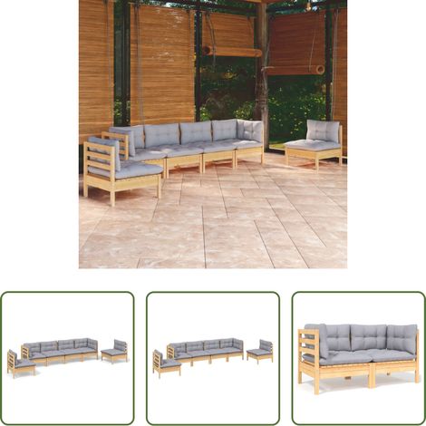 Gartenmöbel - 6-tlg. Garten-Lounge-Set mit Grauen Kissen Kiefer Massivholz (1/5)