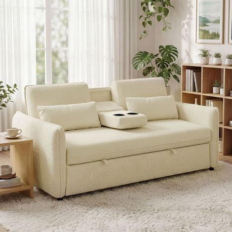 Canapé convertible 2 places 3 en 1, canapé-lit clic clac en chenille avec dossier réglable, porte-gobelets, beige (1/5)