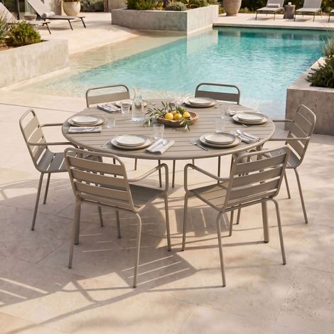 Ensemble table jardin 180 cm + 6 fauteuils en métal taupe - BACA (1/5)