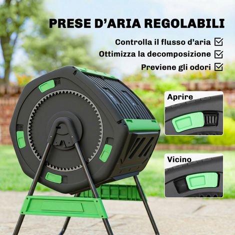 Composteur double bac 200L avec 8 évents, polypropylène et métal, vert et noir, dimensions 94x67x98 cm.