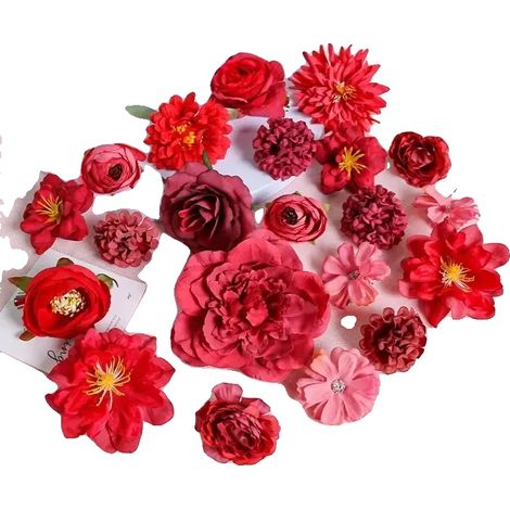 Flores artificiales, rosas de seda, decoración para el hogar, 21 piezas rojas (1/2)