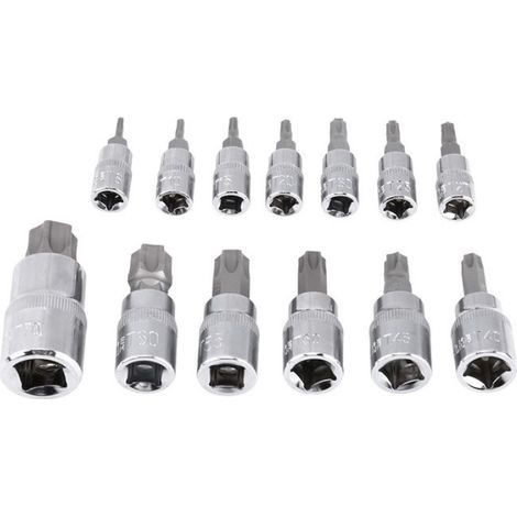 Jeu de douilles Torx - - T8–T70 (13 pièces) - Entraînements 1/4, 3/8, 1/2 pouces - Acier chrome‑vanadium - Étui plastique (1/5)