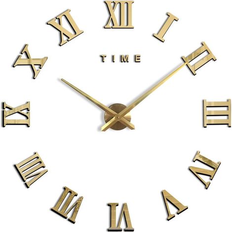 Moderne DIY Grand Pendule Murale Chiffres Romains Big Montre Stickers 3D Horloge Montre Murale Home Office Décoration Amovible (Batterie Non Inclus) Doré 70-120cm (1/4)