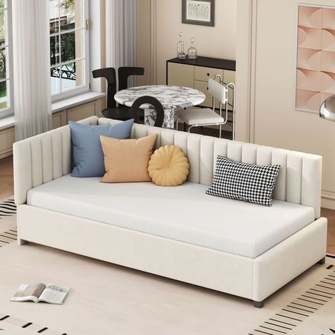 Lit gigogne - SOGEU - Canapé lit convertible - 90x200 cm - Velours beige - Structure bois robuste (1/5)