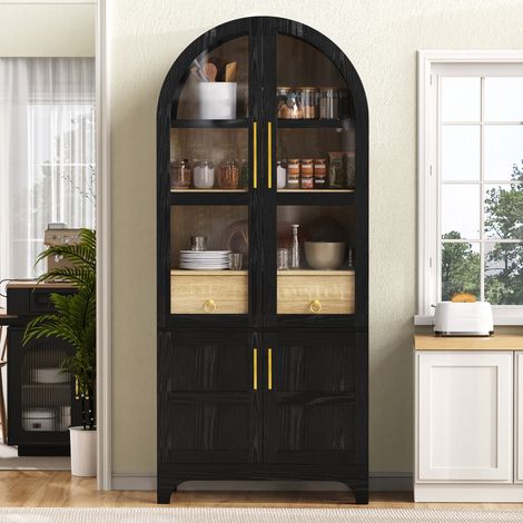 Buffet haut de cuisine avec rangement 180 cm -Portes en verre cannelé-Tiroirs-Étagères réglables-Espace pour robot aspirateur-Noir (1/5)