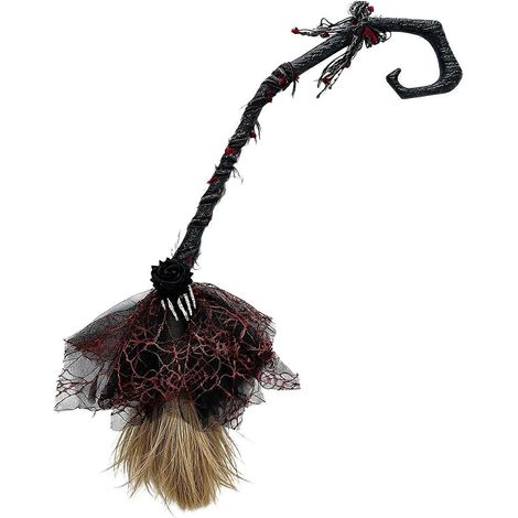 Balai de sorcière gothique Halloween rouge 100 cm balai maléfique avec roses et main de squelette noir 100 cm (1/5)