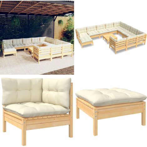 12-tlg. Garten-Lounge-Set mit Creme Kissen Kiefernholz - Garten Lounge Set - Kiefernholz Möbel - Outdoor Wohnzimmer - Gartenmöbel - Loungesessel - Home & Living