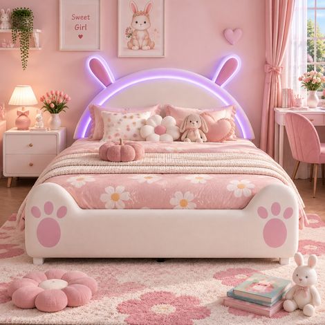 Lit Enfant Fille 140x200 cm avec Sommier à Lattes, Lit lapin avec LED, Tête de Lit Oreilles de Lapin, Velours Blanc et Rose (1/5)