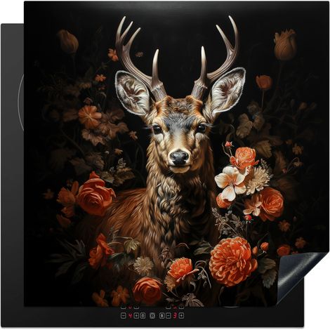 Induction Hob Protector Deer - Animal - Flowers - Nature - Botanical 78x78 cm