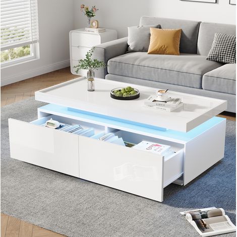 Couchtisch aus Spanplatte in Weiß Hochglanz 95 x 45 x 35 cm mit LED und 2 Schubladen (1/5)