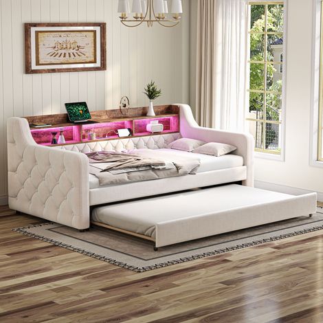 Canapé lit gain de place 90x190 en velours avec rangement, LED ambiance et USB-C, 12 lattes et cadre métal bois stable, beige, chambre invité ado, matelas non inclus, design moderne (1/5)