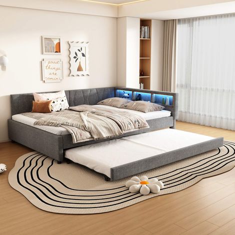 Lit banquette 140x200 cm avec lit gigogne, LED, USB et Type-C, rangement, sommier à lattes, revêtement lin gris, sans matelas (1/5)