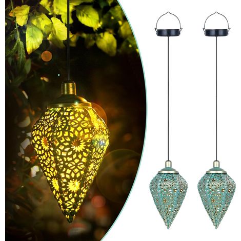 Lot de 2 lanternes solaires à suspendre pour l'extérieur - En métal - Étanche IP65 - Vert doré - Avec crochet - Pour balcon, terrasse, patio, arbre - Cadeau (forme d'olive) (1/5)