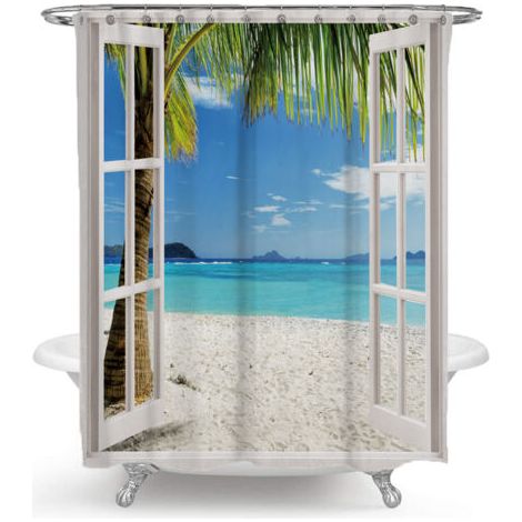 Duschvorhang 200 x 230 cm, Strand-Duschvorhang, wasserdichter Duschvorhang aus bedrucktem Polyester (1/4)