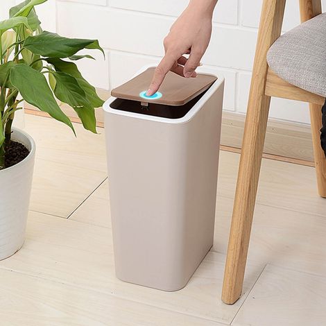 Poubelle grande capacité en plastique avec couvercle à ouverture facile, beige, idéale pour la cuisine, la salle de bain et la chambre. (1/5)