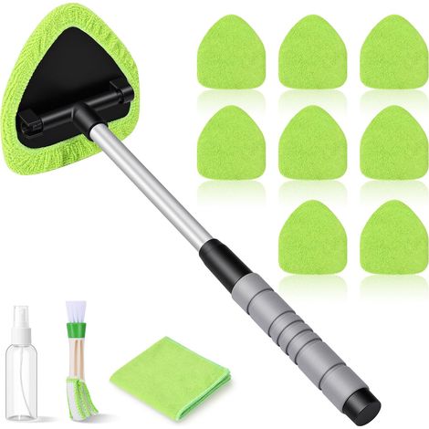 Nettoyant pour Pare-Brise, avec 8 Tampons en Microfibre, Chiffon, Brosse pour Les Recoins, Flacons Pulvérisateurs et Manche Télescopique Rotatif à 180 Degrés, Kit de Lavage de Fenêtres de Voiture (1/4)