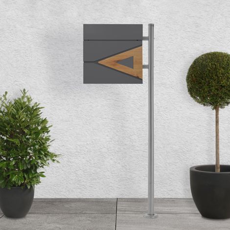 ECD Germany Boîte aux Lettres sur Pied Argenté avec Compartiment à Journaux, Anthracite/Triangle Aspect Bois, 120 cm, en Acier Inoxydable Revêtu par Poudre, 2 Clés Incluses, Résistant aux Intempéries (1/5)