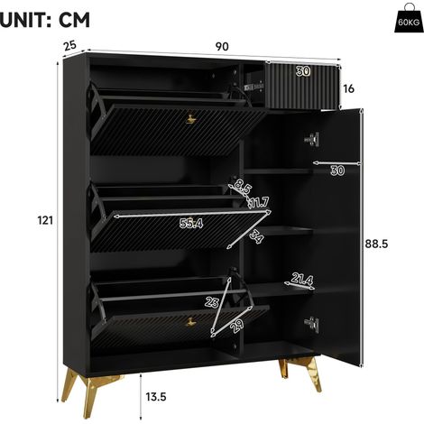 Armoire à chaussures noire 3 portes avec tiroir et étagère inclinée étroite, 90x25x121 cm, meuble de rangement compact