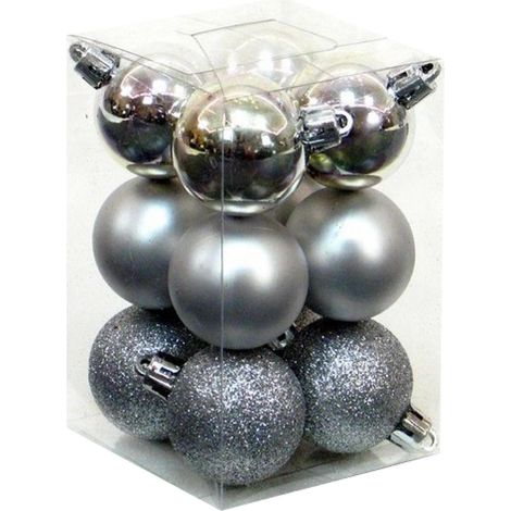 Packung mit 12 Weihnachtskugeln Ø6cm (4 glänzend, 4 matt und 4 glitzernd) aus silbernem und goldenem Kunststoff