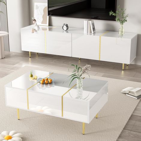 Ensemble meuble TV et table basse, design contemporain, finition blanc brillant. (1/5)