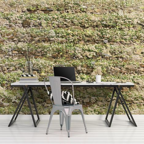 Papier peint intissé 270x250 cm, mur végétal du Sud avec fleurs blanches et pierres - Décoration murale pour intérieur (1/3)