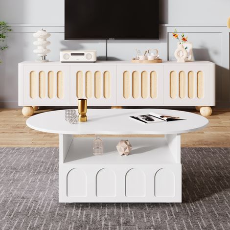 Table basse blanche 100 cm forme nuage avec tiroir push et niche ouverte (1/5)