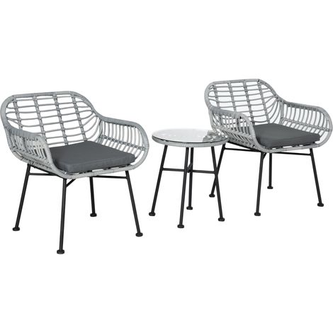 Ensemble de mobilier de jardin 3 pièces en rotin PE, salon de jardin avec 2 chaises et table basse en verre, gris, idéal pour terrasse et bistro.