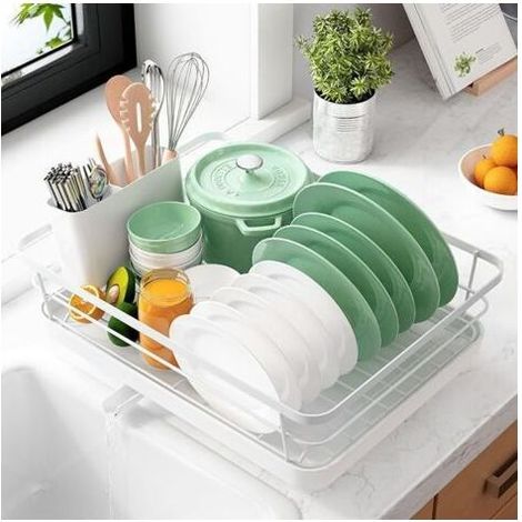 Egouttoir Vaisselle - Acier Inoxydable - Pour Petit Espace Cuisine - Avec Porte-Couverts Amovible - 29,0 x 38,1 x 12,7 cm - 1 Pièce (1/5)