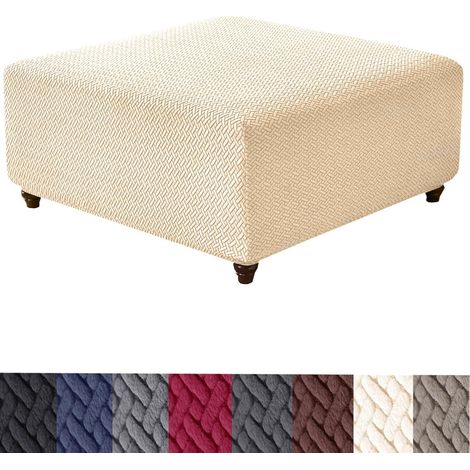 Housse de pouf carrée en tricot extensible jacquard épais et lavable – Housse de repose-pieds avec élastique en bas, beige, taille M (1/5)