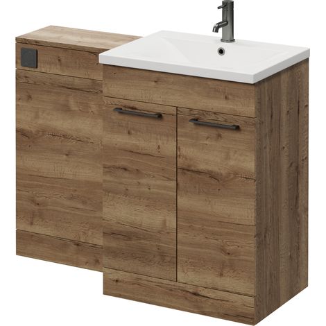 Napoli 460 Tobacco Oak 1100mm 2 Door Vanity Unit Toilet Suite with Glide Basin - 1100mm - Gunmetal Grey 160mm HandleWithout Kingston Toilet Pan