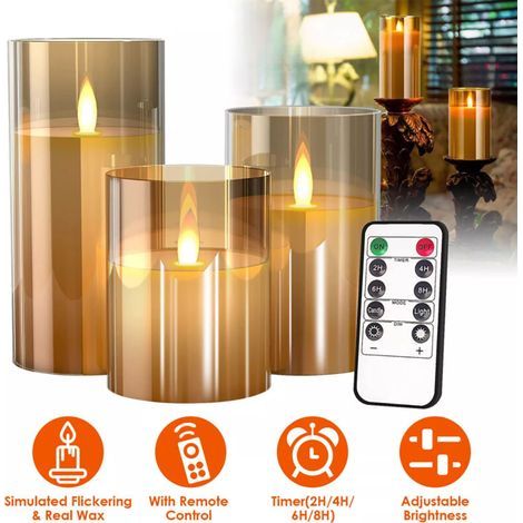3PCS Bougies LED Sans Flamme,Avec Télécommande,Flamme LED Clignotant Effets Réalistes,Décoration Mariage,Fêtes,Intérieure Extérieure (1/4)