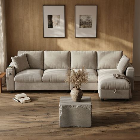 Canapé d'angle en L, table basse pliable, équipée de deux porte-verres, d'un port USB et d'un port Type-C, tissu chenille,beige (1/5)