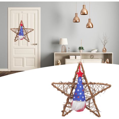 Couronne de porte pour la fête de l'indépendance américaine, poupée sans visage, décoration murale suspendue en rotin en forme d'étoile à cinq branches, style B. (1/5)