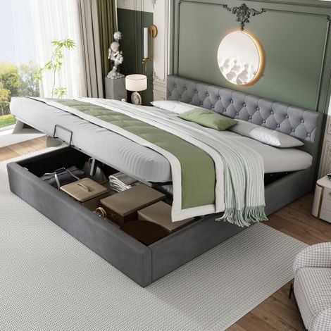 Letto contenitore 180x200 cm, letto imbottito 180x200 cm con rete a doghe, in tessuto velluto, grigio, senza materiali (1/5)