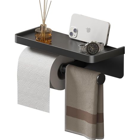 Double toilet roll holder with shelf, wall-mounted adhesive without drilling, matte black finish, suitable for bathroom, kitchen and camper van (1/5)