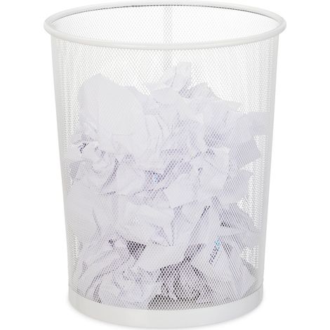 Relaxdays Wastebasket, Wastepaper Bin, Office & Home, Round, Wire Mesh, Paper Bin, Metal, H x D: 35 x 29.5 cm, White