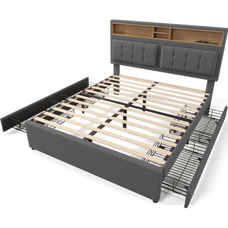 Polsterbett 140x200 cm Grau mit 4 Schubladen, verstellbarem Kopfteil und USB-C (1/5)