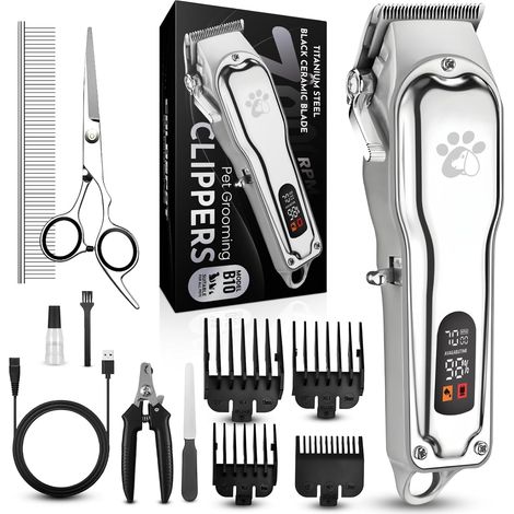 Tondeuse de toilettage pour poils épais, corps entièrement en métal, lame en céramique noire, affichage LED, kit de toilettage pour chien sans fil rechargeable à faible bruit (1/5)